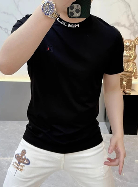 2025欧货轻奢男士针织冰丝短袖T恤烫钻时尚百搭夏季半袖上衣圆领