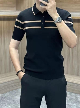 时尚爆款POLO翻领T恤男高端男士冰丝纽扣条纹针织短袖修身奢侈男