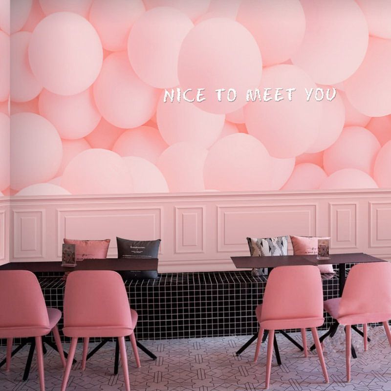 卡通粉红豹奶茶店美甲店工作室网红背景墙纸粉色气球儿童房壁纸3d