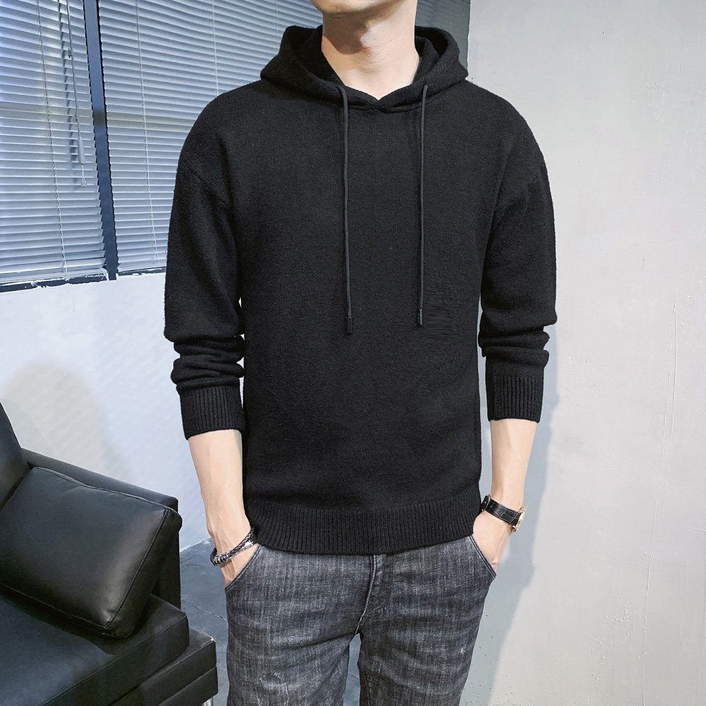 男士毛衣带帽子秋冬季加厚修身针织打底衫纯黑色线衣潮流男装线衫