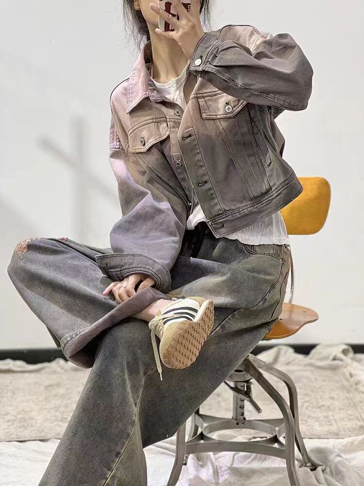TY渐变色牛仔外套短外套粉灰牛仔衣显瘦春款女休闲外套