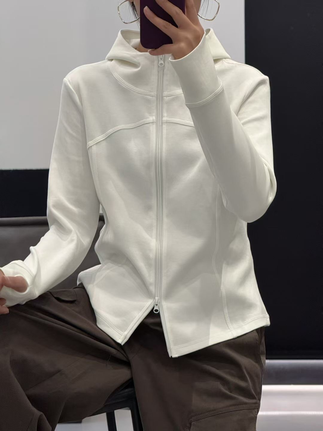 著补5689春款宽松休闲个性潮流双拉链短款纯色女卫衣短外套帽衫