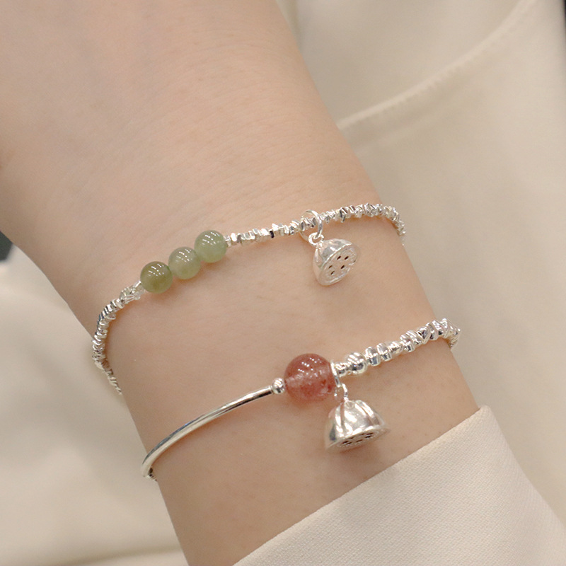 通体S925纯银碎银几两手链天然和田玉草莓晶莲蓬吊坠水晶手饰品