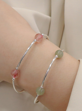 感小众感彩色串珠天然和田玉草莓晶s925纯银手链弯管新款