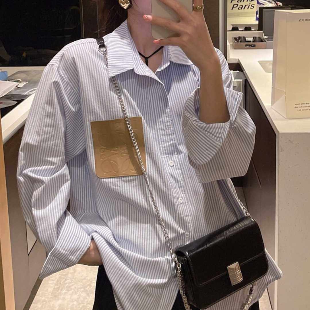 *潮牌长袖刺绣条纹衬衣女春夏新款高级感衬衫男女宽松上衣潮棉