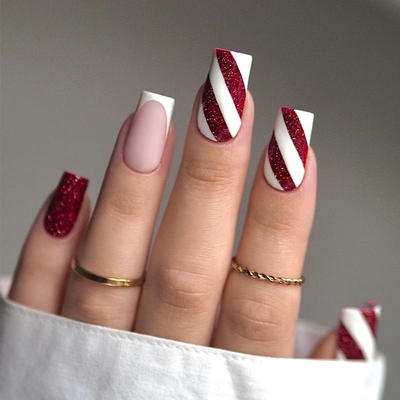 Christmas nail art red and white glitter striped nail patch