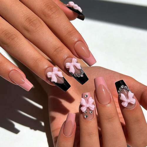 White French Press on Nails 3D Bowknot Fake Nails Tips Full