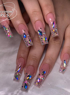 24Pcs long gradient rhinestone nail piece wearable fake nail