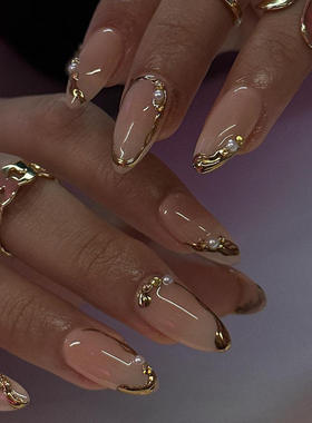 24Pcs French Gold Edge Wearable Almond Press on Fake Nails