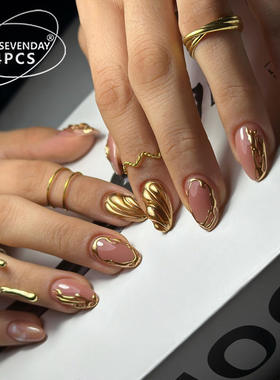 24Pcs French Gold Edge Wearable Almond Press on Fake Nails