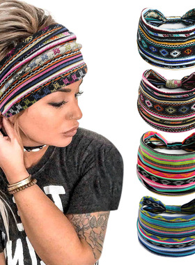 Bohemian striped headband弹力宽版包腰头带波西米亚条纹发带女