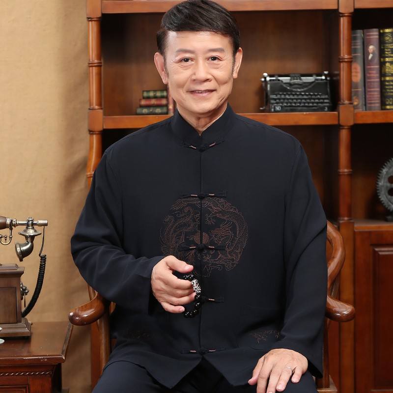 中国风唐装男长袖套装中式棉麻刺绣汉服中老年人爸爸装春秋居士服