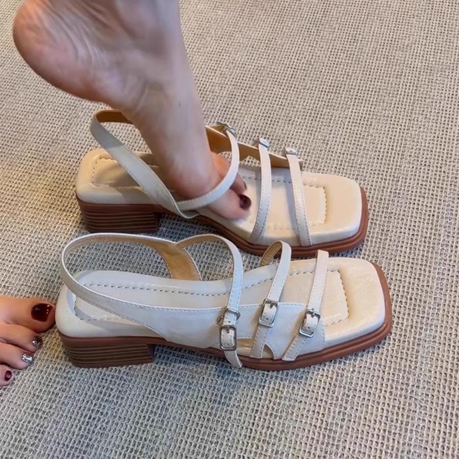 羊皮版真皮方头踩屎感罗马鞋女夏外穿法式气质复古一字带粗跟凉鞋