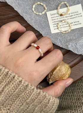 不掉色马蹄螺贝壳奶茶色串珠戒指