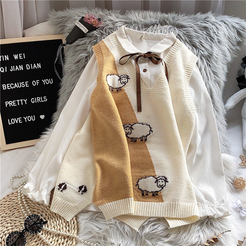 日系马甲女宽松外穿V领无袖针织上衣2020年新款秋装森系毛衣背心