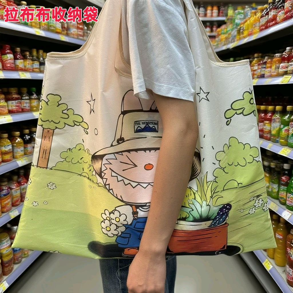 labubu牛津布可折叠大容量环保袋卡通购物收纳旅行袋单肩手提袋