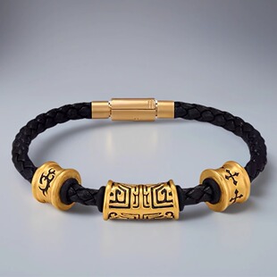 大福黑皮手绳皮手链5mm粗手绳大孔刺青酷黑转运珠男款仿黄金手串
