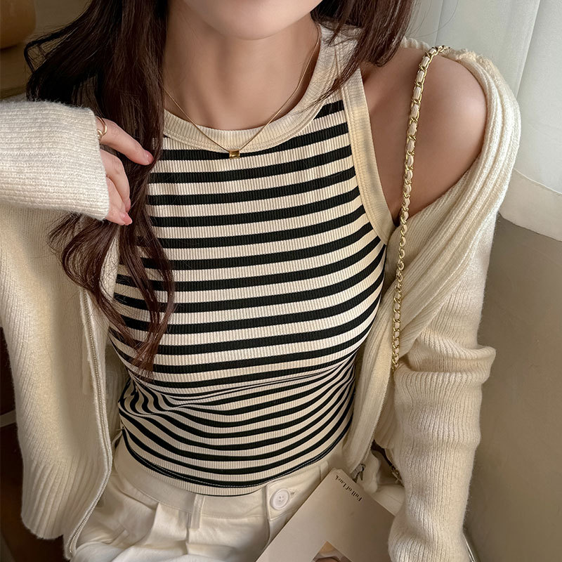 严选韩版撞色吊带背心女夏季西装内搭设计感小众无袖条纹打底上衣