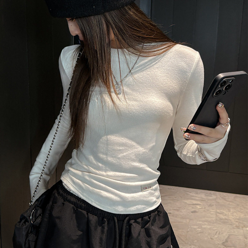 W基础款百搭白色长袖T恤女新款韩版修身显瘦高级感圆领内搭上衣
