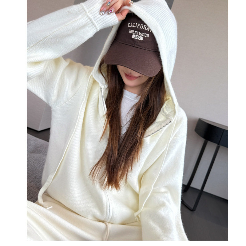 秋冬季新款基础款纯色百搭简约连帽毛衣外套韩版女装针织宽松上衣