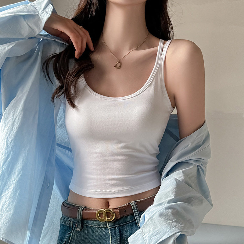严选白色双肩带吊带背心女带胸垫一体外穿内搭辣妹高级感上衣ins