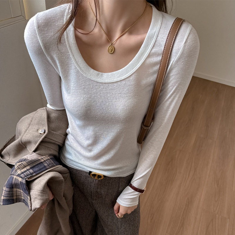 早秋季亚麻U领外穿长袖t恤韩系女装内搭打底衫高级感修身显瘦上衣