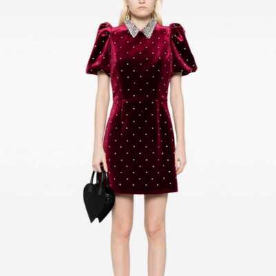 新款酒红色精致镶钻泡泡袖高端