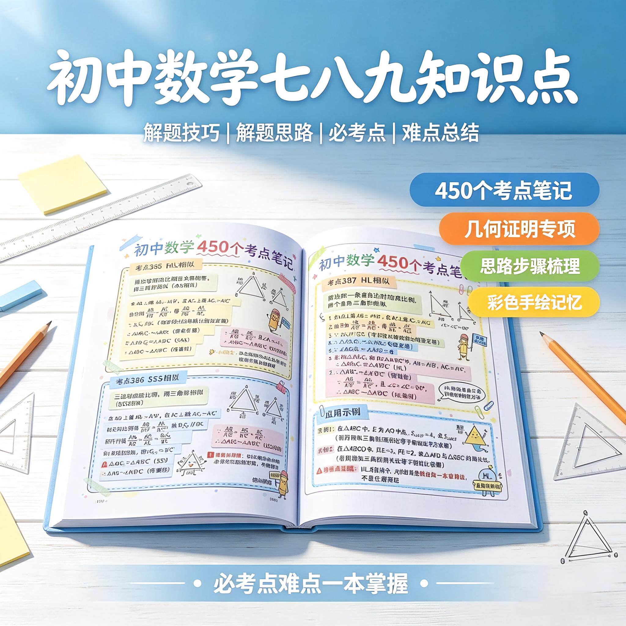 初中数学七八九知识点解题技巧解题思路必考点难点总结彩色手绘