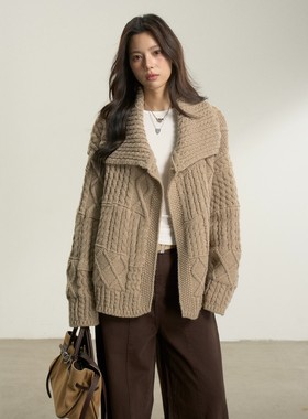 BESOBER原创 高克重立体绞花多种织纹翻领秋冬百搭毛衣针织开衫女