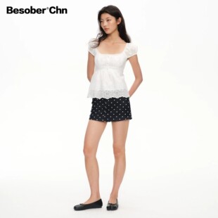BESOBER白色纯棉绣花纯欲小飞袖上衣女夏季显瘦百搭短款泡泡袖T恤