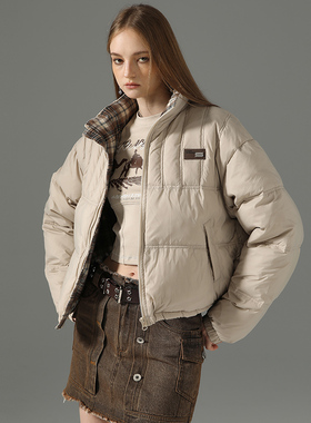 VONYUSUF美式复古90白鸭绒羽绒服女短款拼接加厚小个子面包服外套