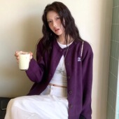 BESOBER原创 上衣 休闲宽松针织开衫 超显白紫色毛衣开衫 外套女秋季