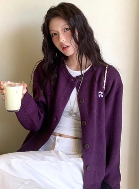 BESOBER原创 超显白紫色毛衣开衫外套女秋季休闲宽松针织开衫上衣