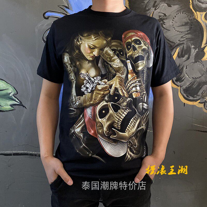 欧美潮牌泰国进口纯棉骷髅大码宽松男T恤纹身刺青高清印花体恤男