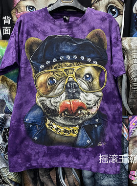 泰国3D印花狗头短袖T恤紫色扎染迷彩图夏装女生创意个性体恤大码