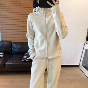 显瘦立体剪裁 加厚保暖双面摇粒绒连帽卫衣束脚卫裤女套装女秋冬