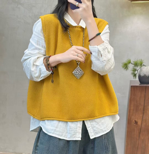 纯色棉线针织马甲背心女宽松大码2025春季新款百搭套头叠穿坎肩