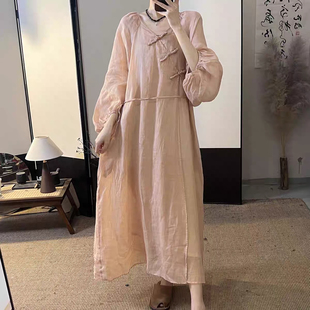 走读生夏季新款国风苎麻气质连衣裙女复古盘扣吊带内衬两件套