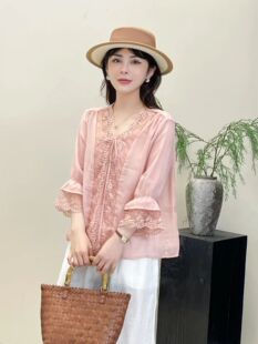 【流年暗换】夏季薄款紫色100苎麻衬衫女 气质优雅木耳边领系带