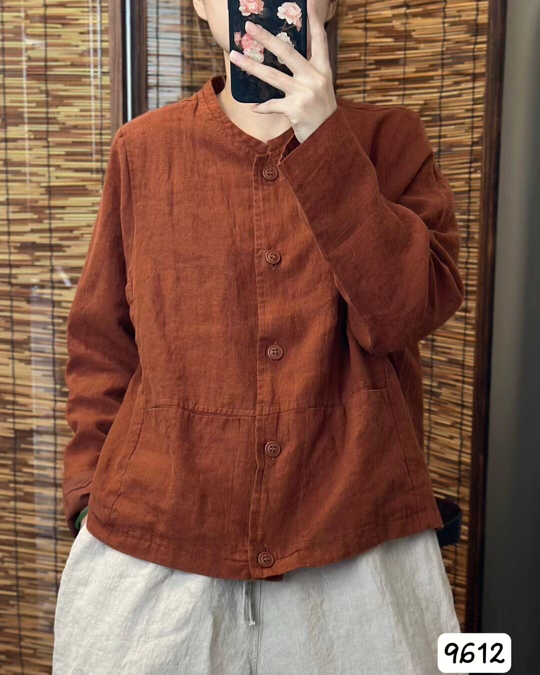 希哦2025年秋100亚麻简约时尚大码女装宽松舒适圆领衬衫