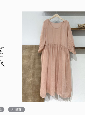 JIAN.XU 纯色心形领系带灯笼袖带内衬苎麻连衣裙 裙长120胸围120