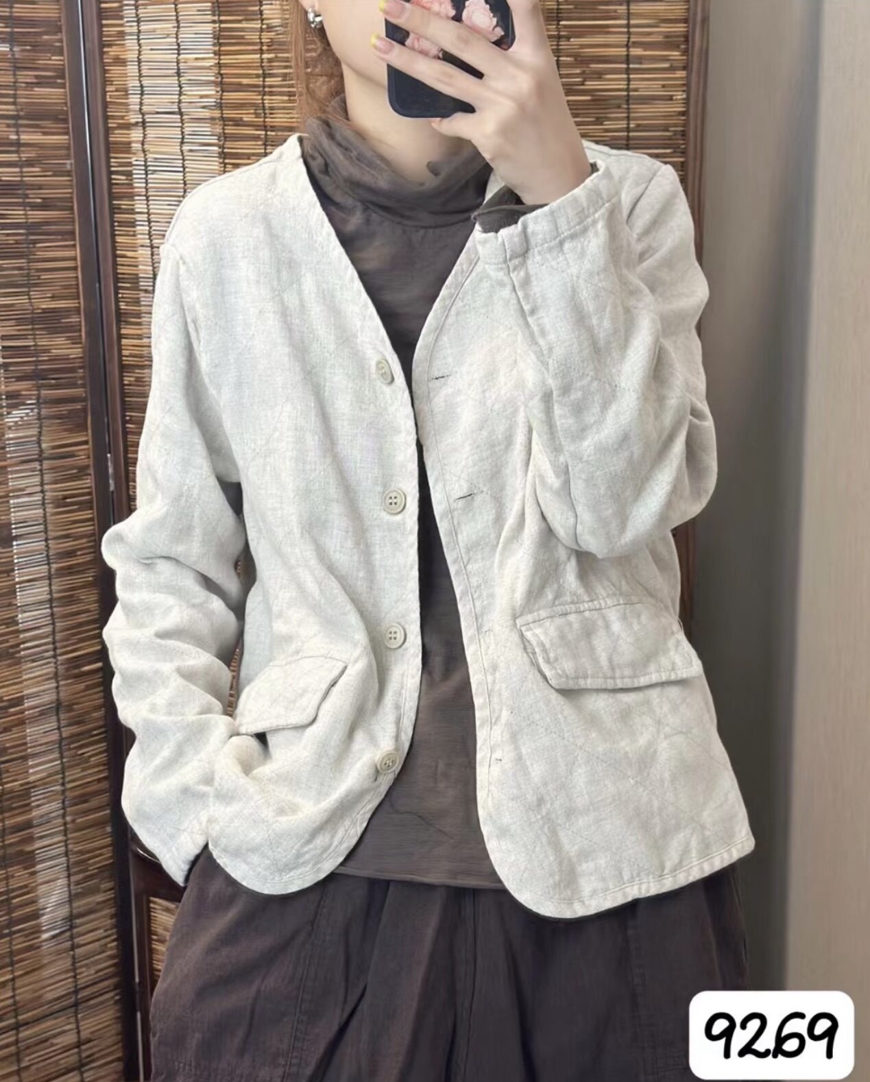 希哦复古炒色100%亚麻西装外套宽松翻领长袖开衫秋季外搭上衣