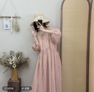 裙长120胸围120 带内衬苎麻连衣裙 JIAN.XU 纯色心形领系带灯笼袖