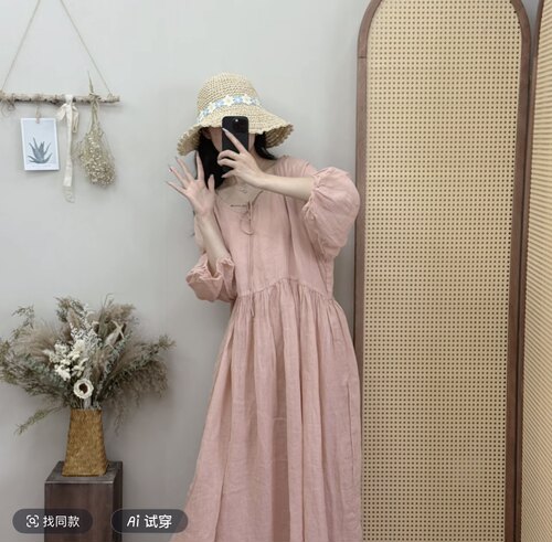 JIAN.XU 纯色心形领系带灯笼袖带内衬苎麻连衣裙 裙长120胸围120