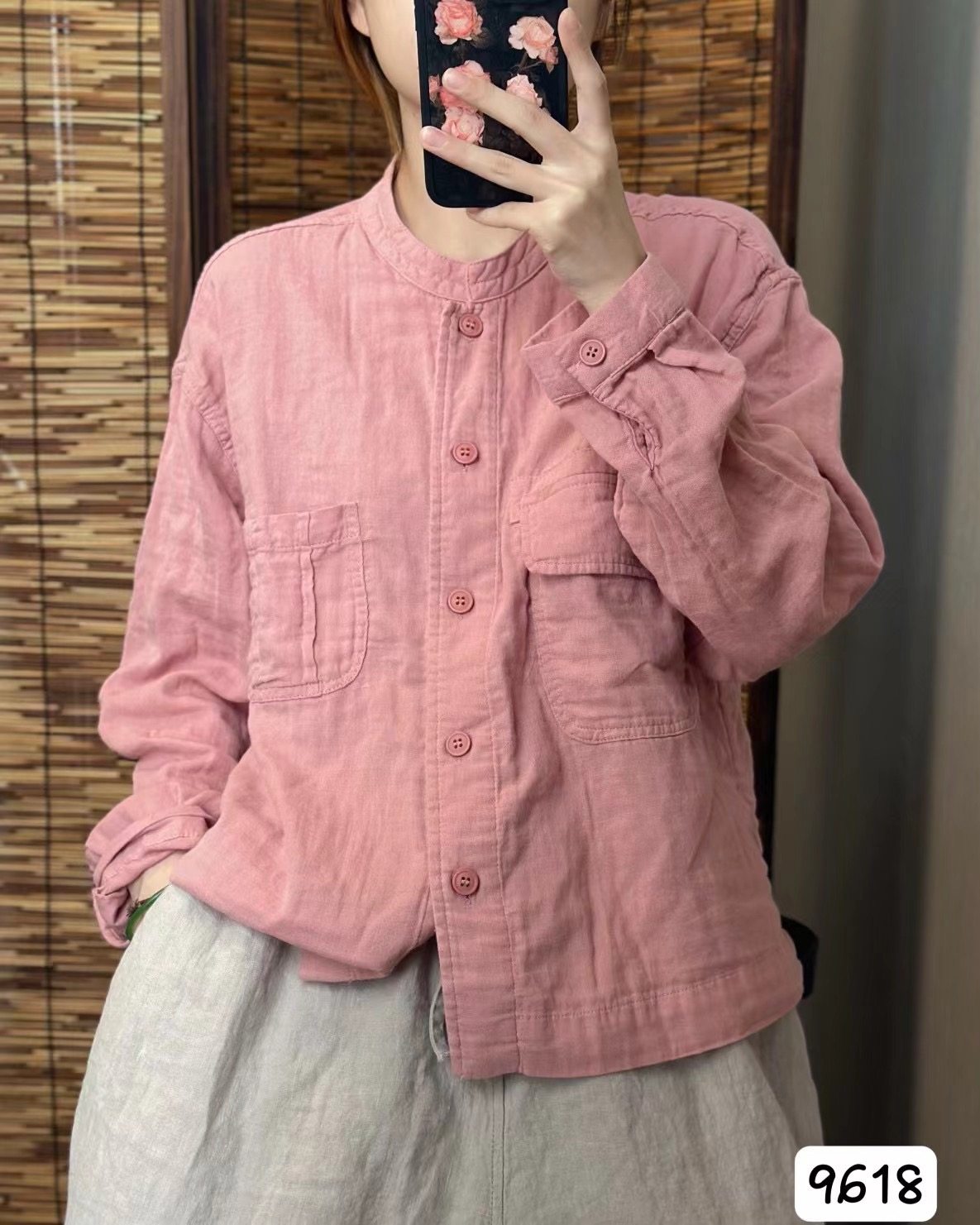 希哦新款复古文艺双层棉纱衬衫女气质翻领长袖衬衣宽松纯色