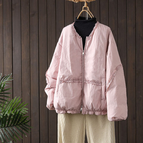 韩版短款粉色荷叶边显瘦羽绒服