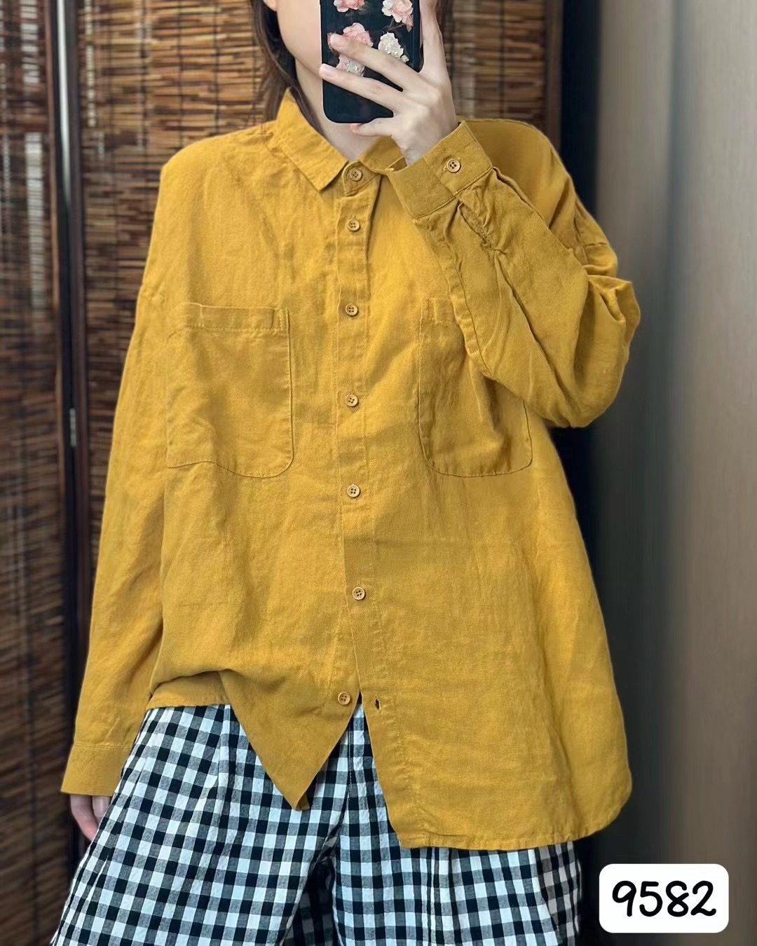 希哦复古砂洗100%亚麻衬衫外套翻领长袖衬衣文艺秋款开衫上衣