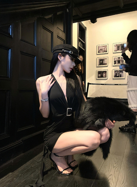 BlackRose ManZi暗黑美神挂脖吊带镂空水钻生日名媛连衣裙收腰