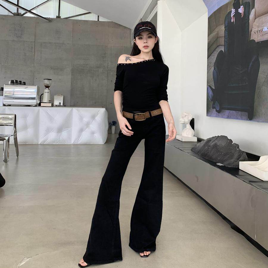 BlackRose ManZi春夏黑色牛仔裤阔腿裤喇叭时尚休闲拖地高个子