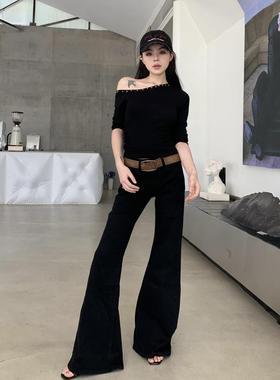 BlackRose ManZi春夏黑色牛仔裤阔腿裤喇叭时尚休闲拖地高个子